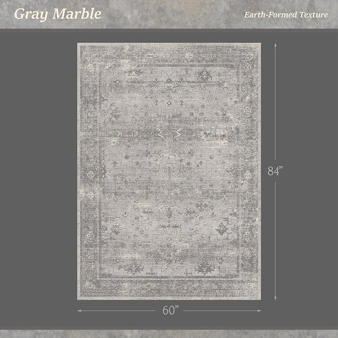 Farmhouse 5x7 Washable Area Rug for Small Living Room & Home Office, Neutral Gray Vintage Distressed Rug, Non-Slip Soft Low Pile Carpet for Bedroom, Desk Area & Dorm