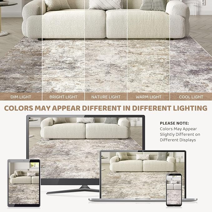 UERMEI Square Area Rugs : Washable 6x6 Neutral Modern Abstract Carpet for Living Room Bedroom - Soft Floor Mat with Non Slip Backing for Kitchen Nursery Dorms Farmhouse Home Decor - Brown Grey