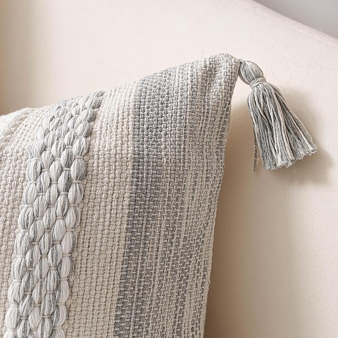 BlissBlush Gray Boho Decorative Throw Pillow Cover 18x18 Square Farmhouse Accent Cushion for Couch Sofa Livingroom Bedroom Pillowcase Modern Home Décor (Pack of 1)