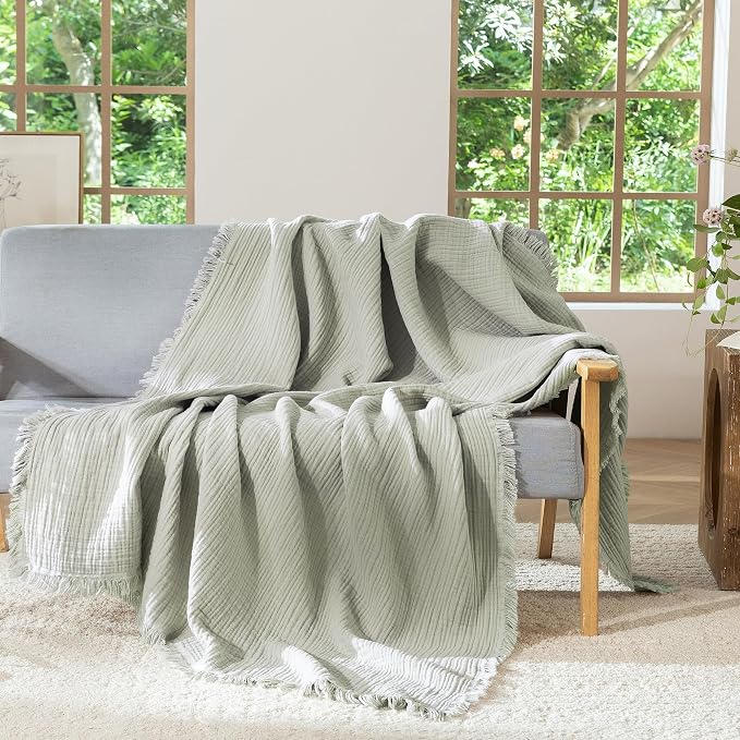 MooMee Muslin Blanket - 100% Cotton 4-Layer Gauze Throw Blanket with All-Around Fringe, Soft Breathable Lightweight Cooling Summer Blankets for Bed Couch(Sage Green,Oversize Queen 98" x 98")