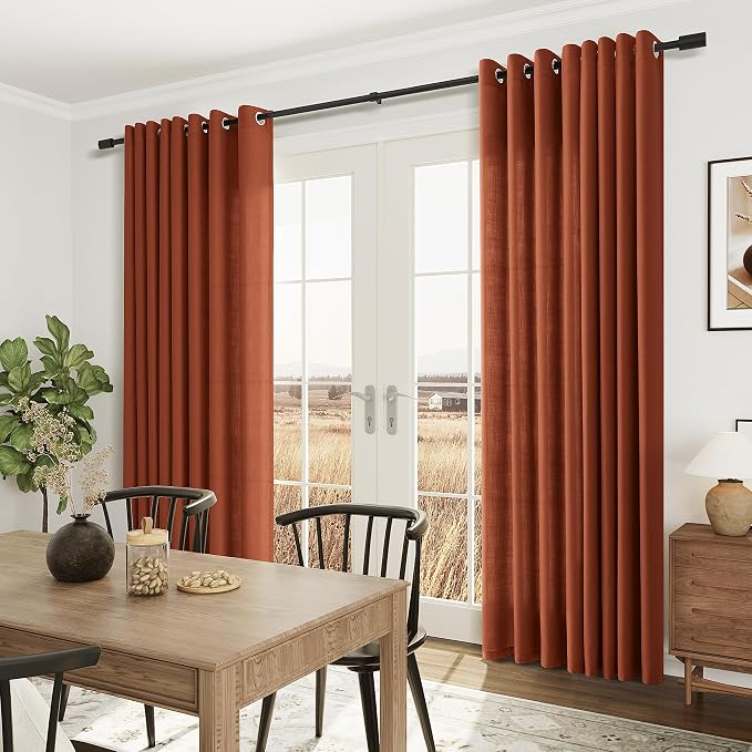 Terracotta Linen Curtains 96 Inch Length for Living Room Grommet Semi Sheer Light Reducing Curtain Drapes 2 Panel Set Airy Lightweight Privacy Textured Window Treatments Panel for Bedroom 8Ft Tall