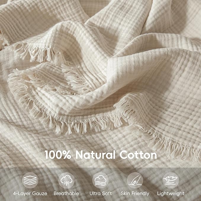 Muslin Fringe Blankets for Adults: 100% Cotton Cloud Soft | 4-Layer Gauze Breathable Lightweight All Season Throw Blanket for Bed Couch Sofa Office