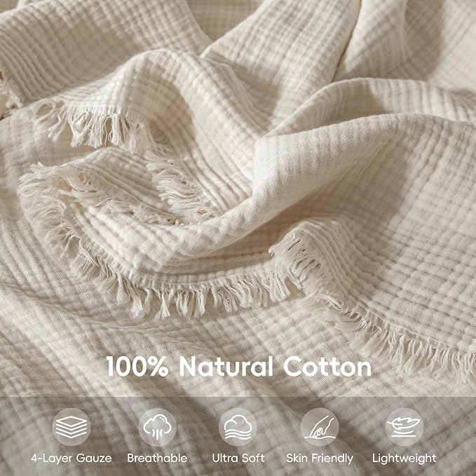 Muslin Fringe Blankets for Adults: 100% Cotton Cloud Soft | 4-Layer Gauze Breathable Lightweight All Season Throw Blanket for Bed Couch Sofa Office