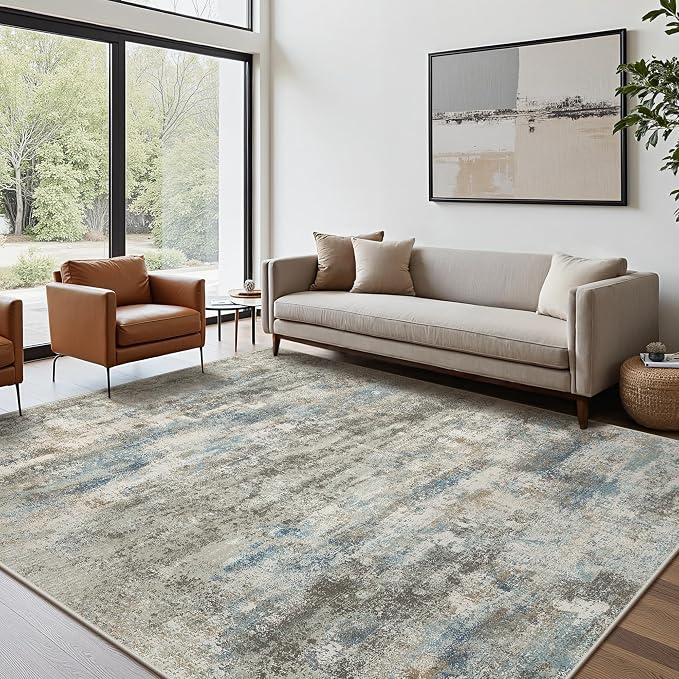BEIMO Area Rugs 8x10 for Living Room Bedroom, Modern Abstract Machine Washable Rug, Large Soft Low Pile Floor Carpet with Non Slip Backing for Dining Room, Blue/Taupe