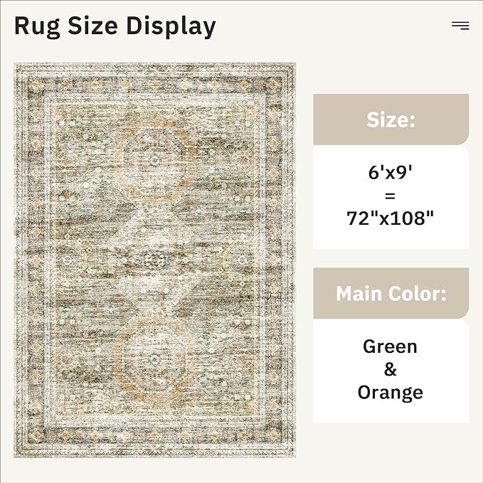 Soalmost 6x9 Area Rug for Living Room Washable 6x9 Non-Slip Modern Rugs for Bedroom Dinning Room Ultra-Thin Indoor Green Orange