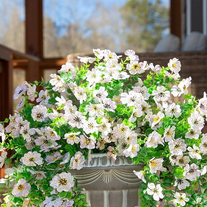 HyeFlora Artificial Flowers for Outdoors Fake Hanging Decoration, 2Pcs White Spring Summer Decor, Realistic Plants, UV & Fading Resistant Silk Flower for Porch Patio Balcony Planter Yard Home Garden