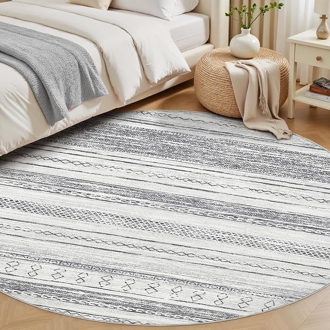 Tortania 6' Round Area Rug Living Room Rugs - Washable Large Soft Neutral Boho Moroccan Bohemian Farmhouse Rug Indoor Floor Carpet for Bedroom Under Dining Table Home Office Decor - Grey