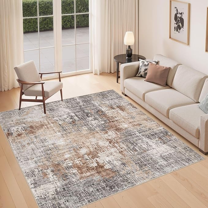 DMOYEST Square Area Rug Living Room Rugs - 8x8 Washable Large Soft Indoor Neutral Modern Abstract Low Pile Rug Carpet for Bedroom Dining Room Farmhouse Home Office - Grey Brown