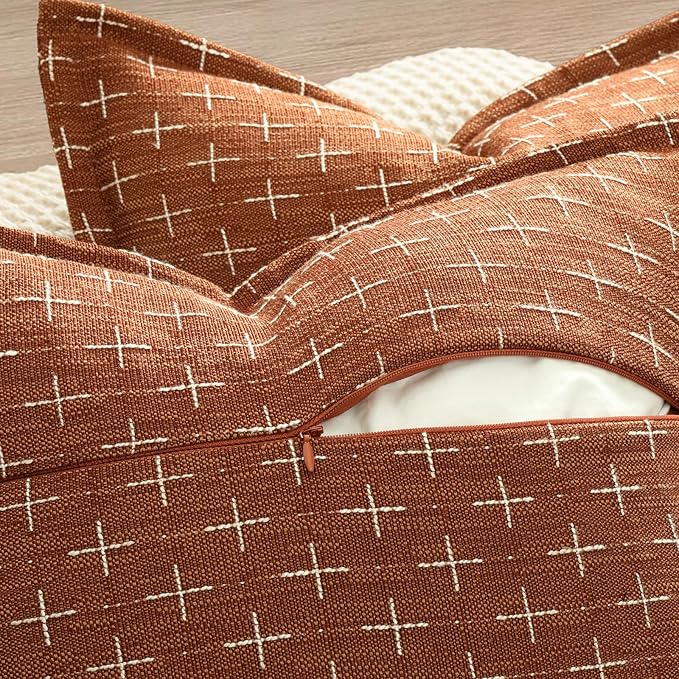 ZWJD Fall Pillow Covers 16x16 Set of 2 Soft Polyester Textured Rust Pillow Covers with Stylish Flange Edge Cozy Farmhouse Throw Pillows for Couch Bed Sofa Living Room Fall Decor