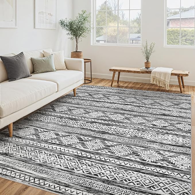 Tortania Area Rug Living Room Rugs - 6x9 Washable Large Soft Neutral Boho Moroccan Bohemian Farmhouse Rug Indoor Floor Carpet for Bedroom Under Dining Table Home Office Decor - Black White