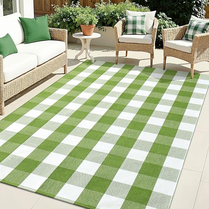 OLANLY Buffalo Plaid Rug 4' x 6' – Green and White Cotton Checkered Doormat, Washable Indoor Outdoor Rug for Layered Front Porch, Kitchen, Entryway Decor