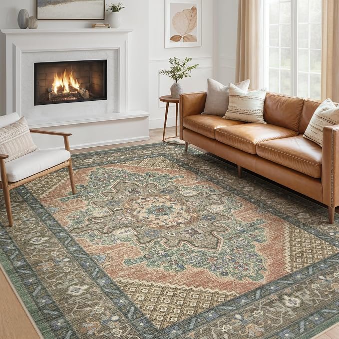 Tortania Area Rug Living Room Rugs - 8x10 Washable Boho Rug Vintage Oriental Distressed Farmhouse Large Thin Indoor Carpet for Living Room Bedroom Under Dining Table Home Office - Sage Terracotta