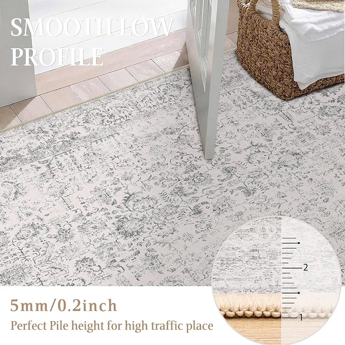 PureCozy Grey Round Area Rug 6ft Entryway Door Mat Small Circle 6x6 Kitchen Vintage Carpet Non Slip Indoor Bedroom Washable Distressed Floral Retro Accent Throw Rug Office Bathroom