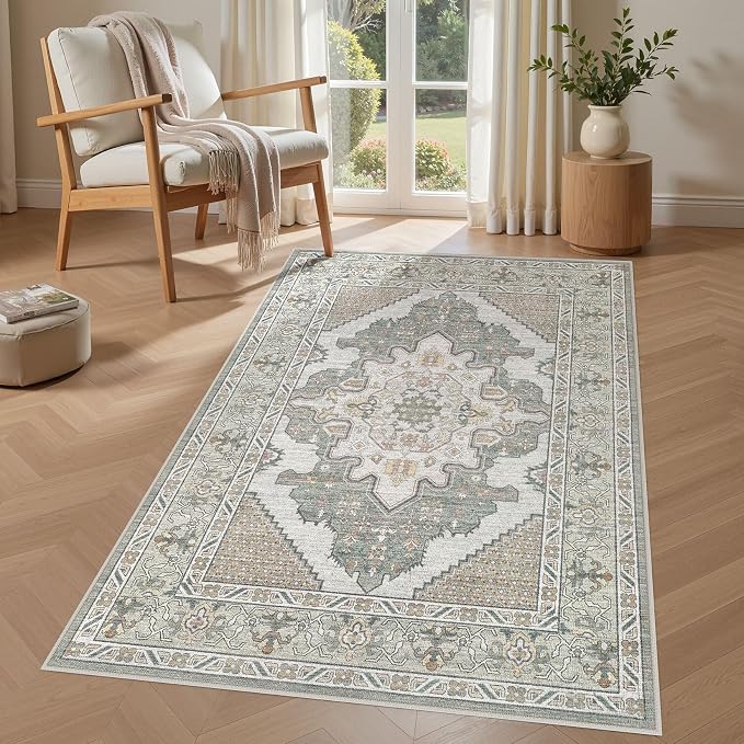 Tortania Area Rug Living Room Rugs - 3x5 Washable Rug Vintage Oriental Distressed Farmhouse Small Thin Indoor Carpet for Living Room Bedroom Under Dining Table Home Office - Sage Green