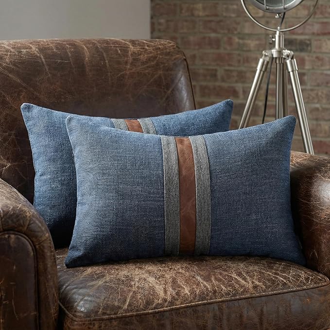 BOYSUM Set of 2 Leather Throw Pillow Covers Cotton Linen Decor Patchwork Pillow Cover Faux Leather Pillows Cover for Couch Sofa Living Room Bedroom,Navy Blue 18"x18"