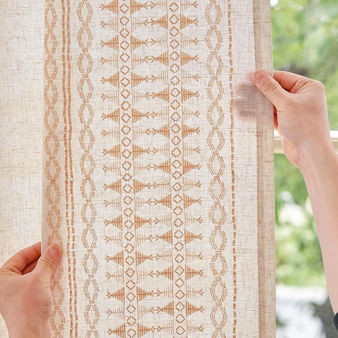 jinchan Boho Curtains for Bedroom Linen Blend Boho Curtains 96 Inches Long 2 Panels Farmhouse Embroidered Drapes for Living Room Drapes Light Filtering Grommet Window Traetments Gold on Beige