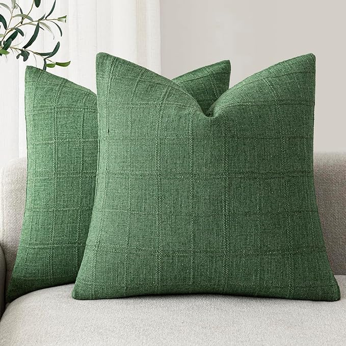 Foindtower Set of 2 Decorative Linen Check Throw Pillow Covers Neutral Farmhouse Vintage Cushion Covers Modern Boho Accent Home Decor for Sofa Chair Couch Bedroom Living Room,26×26 Inch,Forest Green