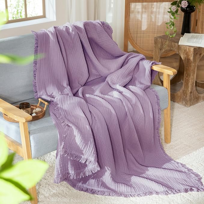 MooMee Muslin Blanket - 100% Cotton 4-Layer Gauze Throw Blanket with All-Around Fringe, Soft Breathable Lightweight Cooling Summer Blankets for Bed Couch(Light Purple,Throw XL 50" x 70")