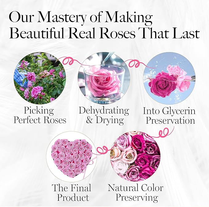 GLAMOUR BOUTIQUE 27 Flower Forever Heart Shape Box, Eternal Preserved Roses Gift for Her, Lasting Flowers, Premium Floral Heart Box for Birthday, Anniversary or Valentine’s Day, Pink (Color-Treated)