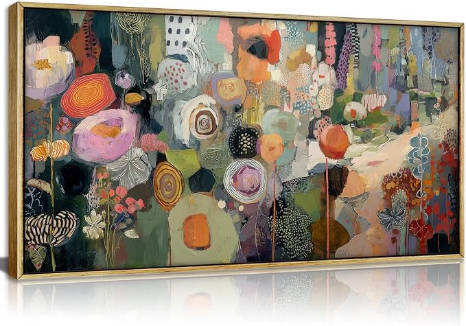 Wooden Framed Colorful Flower Wall Art,Abstract Botanical Canvas Print,Long floral landscape Picture Poster,Vintage Watercolor Floral Painting Artwork for Bedroom Living Room Office