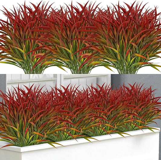 Ouddy Decor 16 Bundles Artificial Plants Outdoor Fake Grass Greenery Stems UV Resistant Faux Plastic Plants Shrubs for Spring Summer Garden Pathway Window Box Farmhouse Front Porch Home Decor, Red