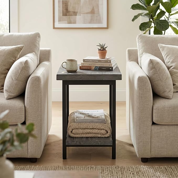 Alaterre Furniture Pomona Solid Wood 2-Tier End Table, Slate Grey, 27” | Side Table or Nightstand with Storage Shelf and Metal Legs, Industrial Farmhouse Chair Side Table for Living Room or Bedroom