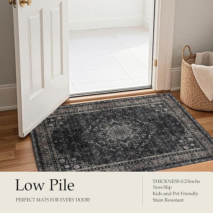 Ruaruarug Washable Area Rug 8x10 for Living Room, Bedroom, Ultra Soft Non Slip Stain & Fade Resistant, Pet & Kids Friendly, Suitable for High Traffic Areas Easy to Clean for Office Kitchen, Black Gray