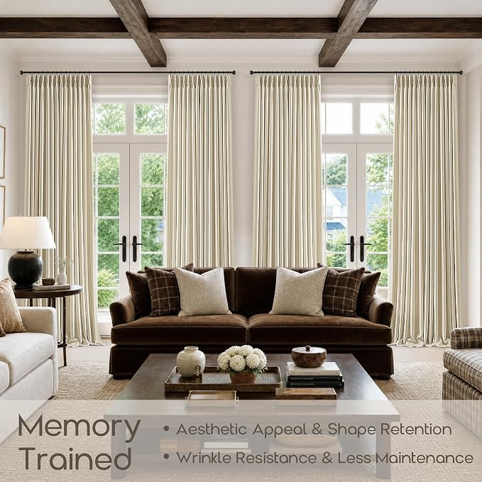 Pinch Pleated Linen Curtains 126 Inches Long for High Living Room Bedroom Cream Beige Semi Sheer Privacy Farmhouse Pleat Curtains for Track Rings Extra Long Back Tab Textured Large Window Drapes