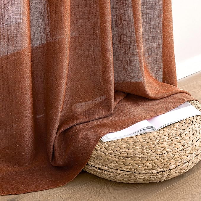 MIULEE Burnt Orange Linen Curtains for Bedroom Living Room, Soft Thick Linen Textured Window Drapes Terracotta Rust Fall Decor Semi Sheer Light Filtering Rod Pocket Back Tab, 2 Panels, 37x84 Inches