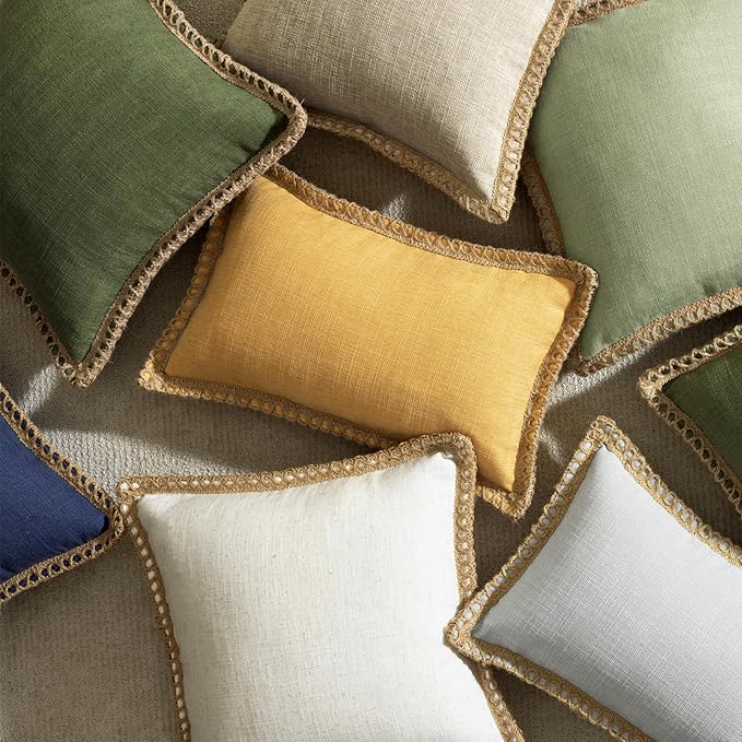 Phantoscope Pack of 2 Farmhouse Decorative Throw Decorative Pillow Cover Burlap Linen Trimmed Tailored Edges, Mustard Yellow, 12 x 20 inches, 30 x 50 cm