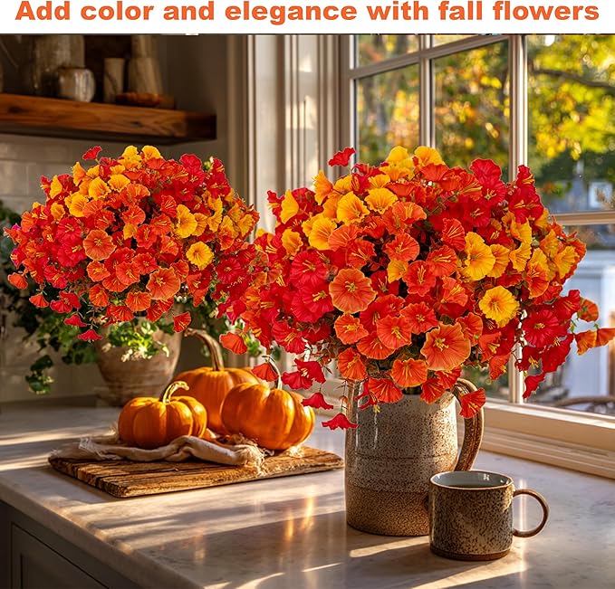 AXYLEX Artificial Fall Flowers Outdoor Fake Mums - 16 Bundles Fake Plants UV Resistant No Fade Faux Plastic Greenery Garden Morning Glory Home Decor (1, MixedFall 4 Colors)