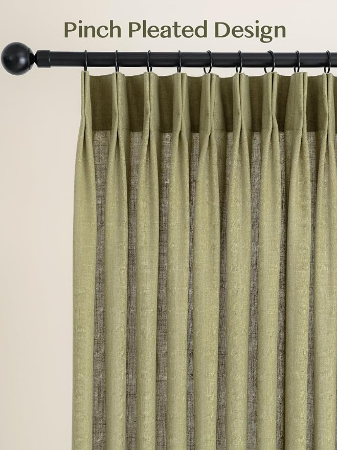 Liz Pinch Pleated Linen Curtains Light Filtering Curtains for Living Room, Farmhouse Window Curtains for Bedroom, Modern Drapes with Hooks and Rings, 90 Inches Long, Olive Green, 2 Panels Set
