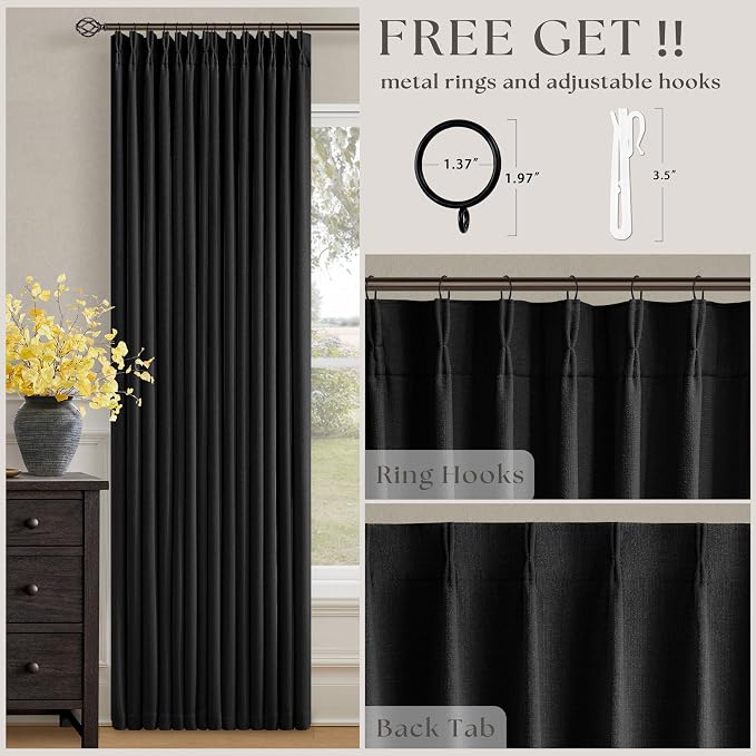 Black Pleated Linen Blackout Curtains 84 Inches Long for Bedroom Living Room Pinch Pleat Black Out Thermal Insulated Ring Hooks Back Tab Room Darkening Modern Drapes Window Curtains with Liner