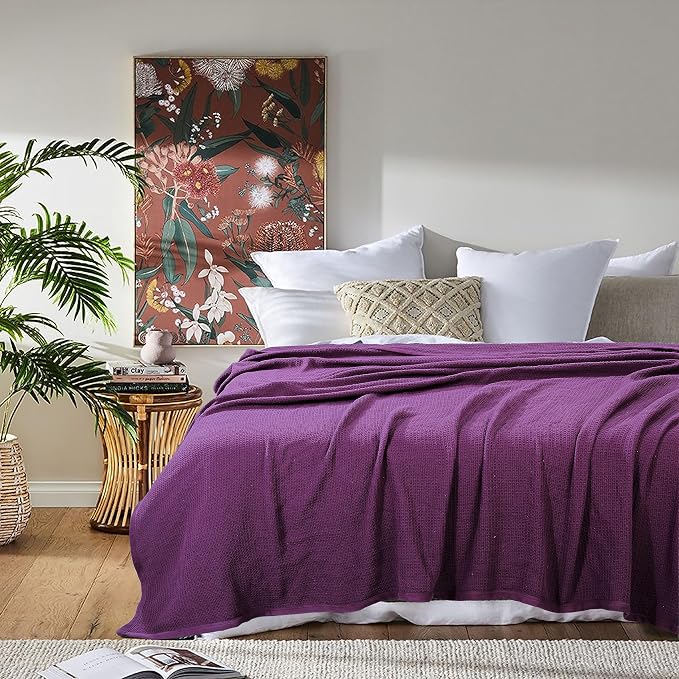 TreeWool Premium 100% Cotton Waffle Queen Blanket (90"x90", Plum) | Breathable Lightweight Moisture Wicking Soft Knit Thermal Blanket for Summer, Bed or Sofa All-season Comfort Machine Washable