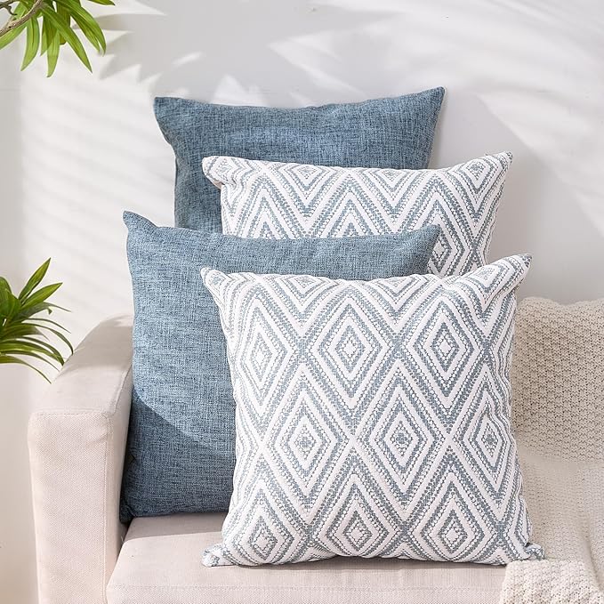 HPUK Decorative Throw Pillow Covers Set of 4 Square Couch Pillows Linen Cushion Cover for Couch Sofa Living Room, 18"x18" inches, Blue