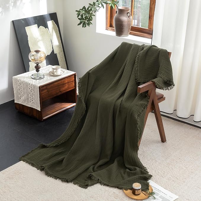 FOSSA Muslin Blanket 4-Layer 100% Cotton Gauze Blanket with Fringe 50"x60" | Super Soft Breathable Lightweight All Season & Decorative Blanket or Bed, Sofa, Office (Olive Green,Throw)