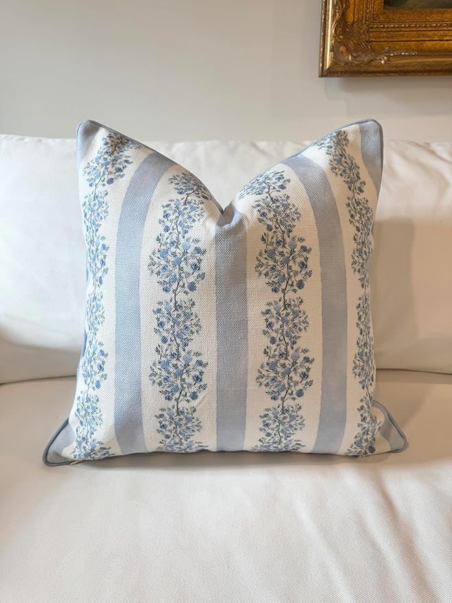 Jillien Harbor “The Juliet” Floral Block Print Pillow Cover – Soft Blue and Off-White Decorative Throw Pillow Cover – Grandmillennial Home Decor, 20" x 20"