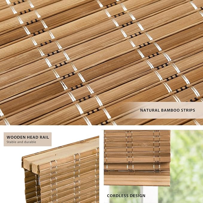 LazBlinds No Drill Bamboo Roman Shades, 20x64, Brown | Light Filtering Window Treatment, No Tools Cordless Roll Up Bamboo Blinds for Window