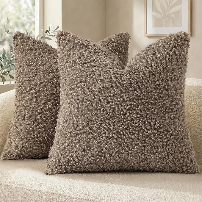 decorUhome Pack of 2 Throw Pillow Covers 24x24 Inch, Faux Fur Decorative Sherpa Pillow Covers Fuzzy Accent Soft Sheepskin Fleece Pillow Cases for Couch Living Room Bed, Khaki