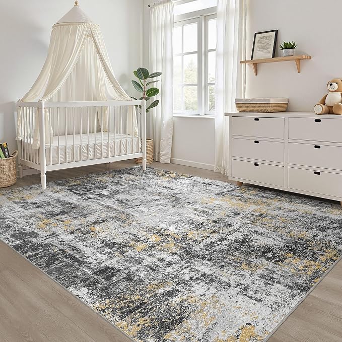 7x9 Area Rug Living Room: Washable Large Neutral Rug Abstract Soft Modern Stain Resistant Indoor Floor Non-Slip Carpet for Bedroom Nursery Kids Office Playroom Dining Room Under Table- Black Gold
