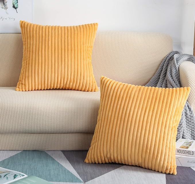TangDepot Velvet Big Corduroy Pillow Covers 24x24 Cream Orange 2-Pack | Soft wide-stripe corduroy pillow cover, hidden zipper, machine washable, easy refresh, for bedroom living room indoor outdoor