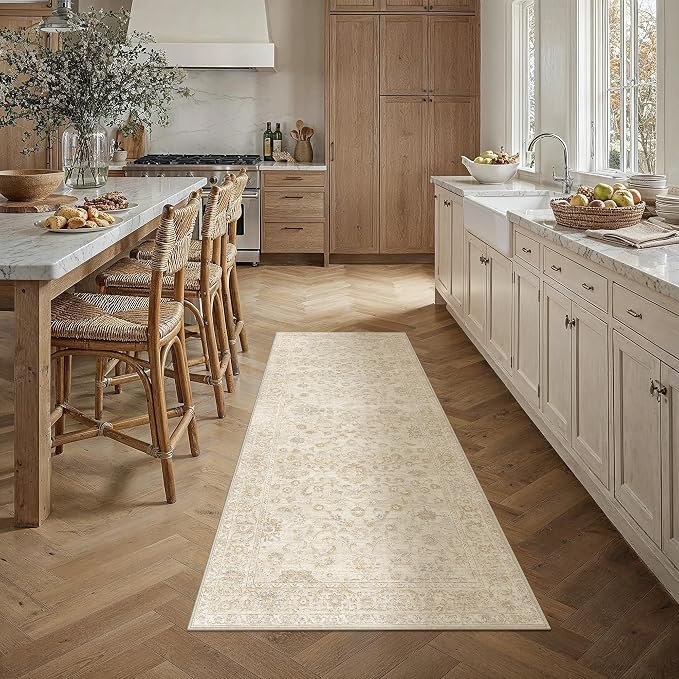 2x5 Beige Washable Runner Rug for Living Room Bedroom Neutral Soft Floral Non Slip Runner Rug Lightweight Vintage Low Pile Distressed Carpet Kitchen Hallway Bedroom Bathroom