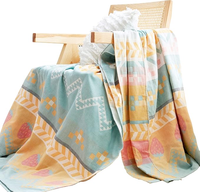 MEJU Boho Bunny Rabbit Green Muslin Lightweight Summer Strawberry Blanket Throw for Bed Sofa Couch, 100% Cotton 2 Layer Soft Warm Quick Dry Throw Blanket Bed Coverlet Sheet Full Queen 80 in X 90 in