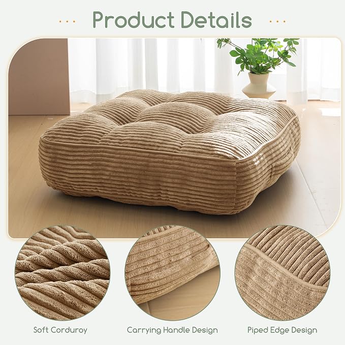 HIGOGOGO 6" Extra Thick Floor Pillow Cushion for Adults, Meditation Cushion Pillow, Large Square Floor Sitting, Tufted Corduroy Cover, for Tatami Living Room or Yoga, 22x22 Inch, Coffee