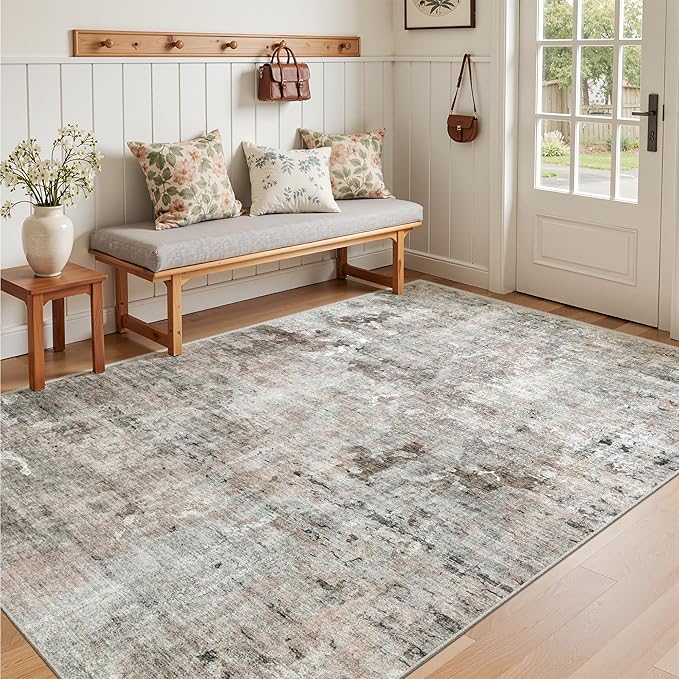 Soalmost Area Rugs 4x6 for Living Room, Vintage Washable Rugs for Dining Room, Kitchen, Non-Slip Area Rug Pink Grey