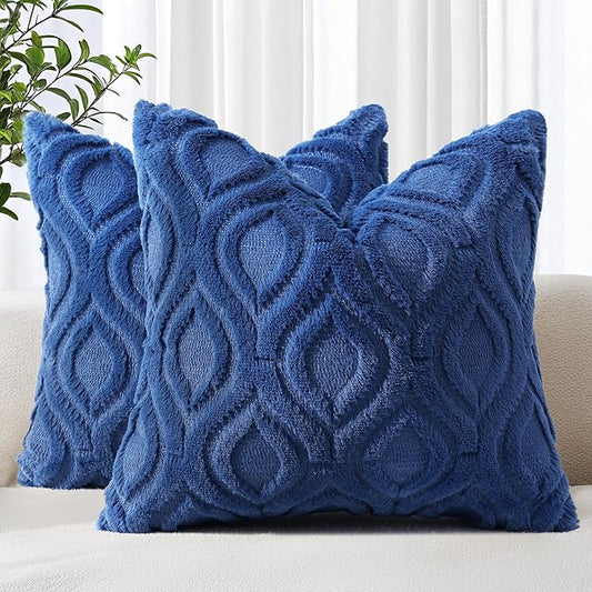 decorUhome Throw Pillow Covers 16x16 Inch Set of 2, Soft Plush Faux Wool Dark Blue Solid Couch Pillow Covers, Accent Farmhouse Neutral Square Pillow Cases for Sofa Bed Living Room