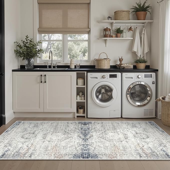 Soalmost Runner Rug 2x6 Washable Non-Slip Kitchen Runner Rugs for Bathroom Laundry Room Blue Ivory Vintage Floor Carpet Runners for Hallway Entryway