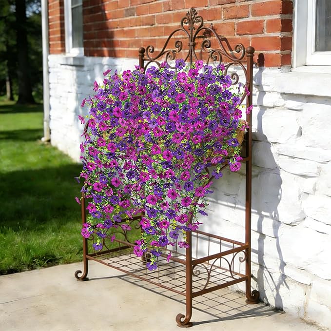 Ammyoo 2Pcs Fake Hanging Flowers for Outdoor Decoration Artificial Hanging Flowers Realistic Daisy Plants UV Resistant, Faux Silk Flower for Porch Patio Window Sill Outside Decor(Purple Deep Purple)