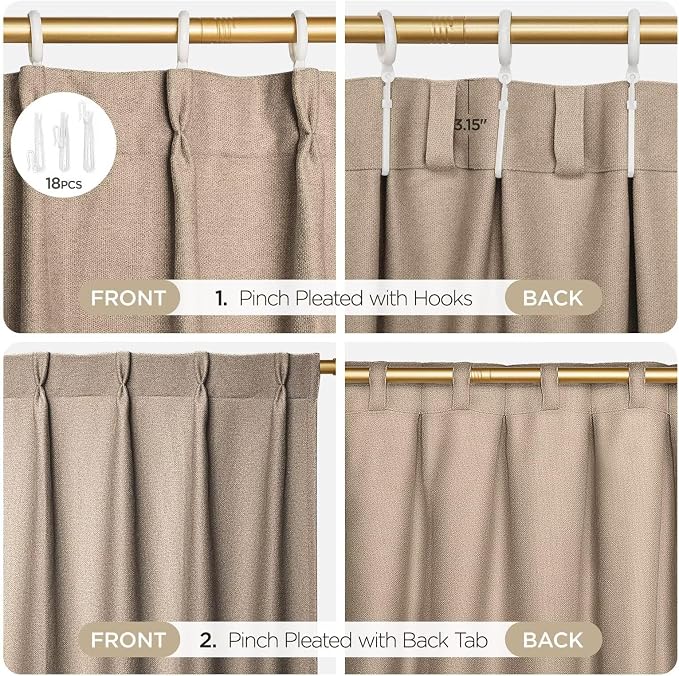 Joydeco Thick Linen Pinch Pleated Curtains 96 Inch Long 2 Panel Set for Living Room, Double-Faced Curtain for Bedroom, Back Tab Blackout Drapes with Adjustable Hooks (40”W x96”L,Thick Linen)
