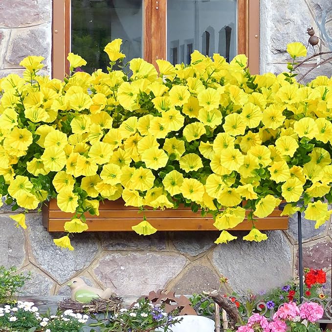 Waipfaru 24 Bundles Artificial Flowers for Outdoors Faux Plants Outdoor, UV Resistant Artificial Plants, Silk Petunias Fake Flowers for Outside Home Decor Planter Porch Decoration, Yellow